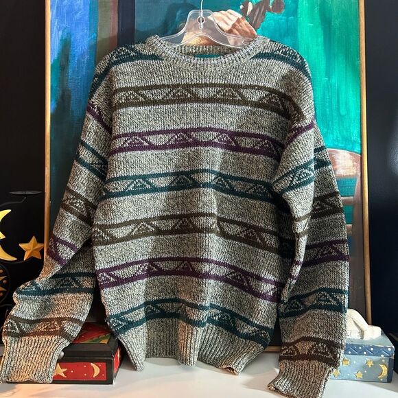 Vintage 90s Striped Knit Sweater in Gray and Purple M - Picture 1 of 16